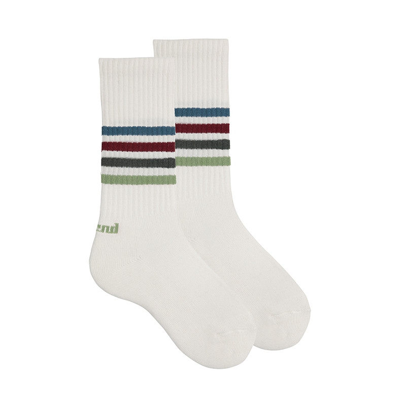 Calze lunghe sport con 4 strisce BIANCO/VERDI