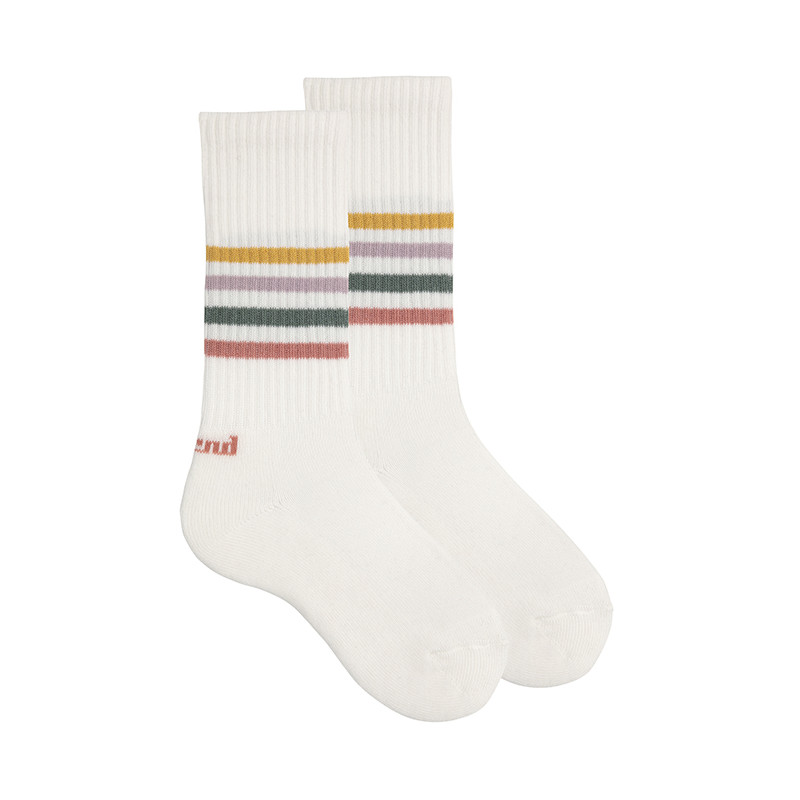 Calze lunghe sport con 4 strisce BIANCO/ROSE