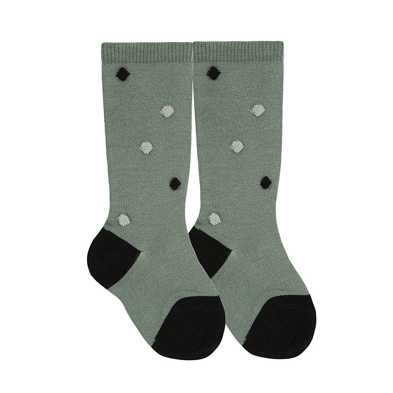 Knee socks with coloured bobbles LICHEN GREEN