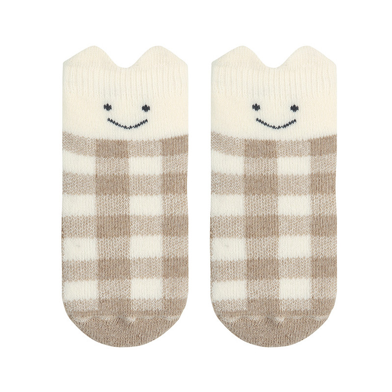 Non-slip gingham socks with 3d bear BEIGE