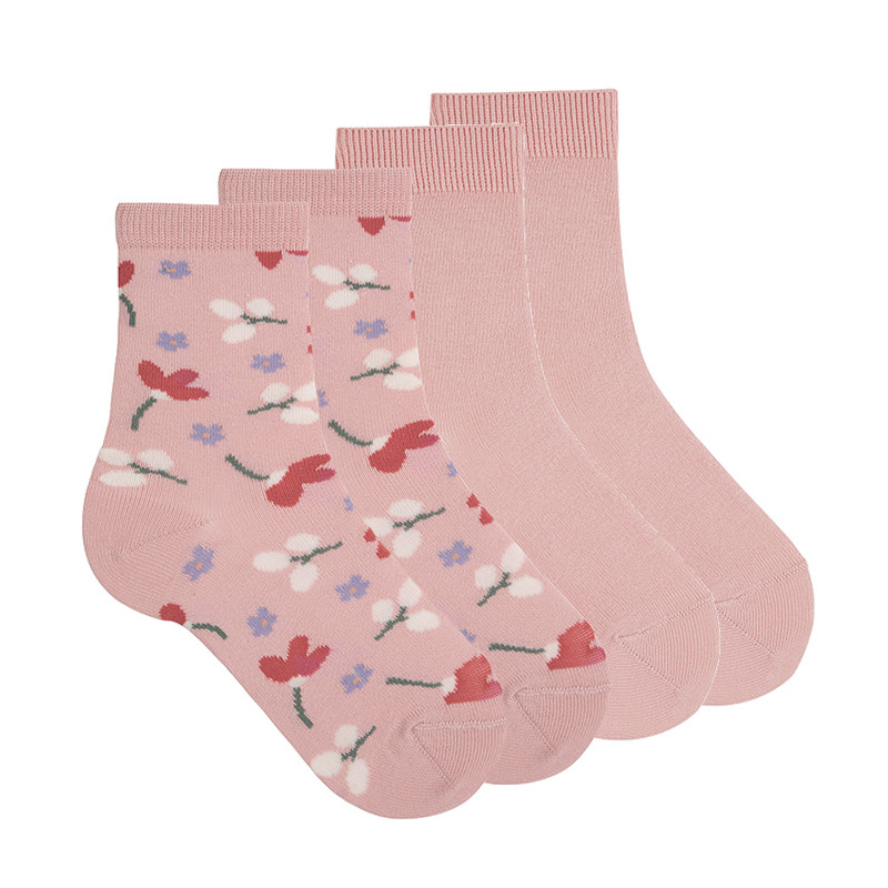 Pack: 1 paire chaussettes à fleurs + 1 paire unies PALE ROSE