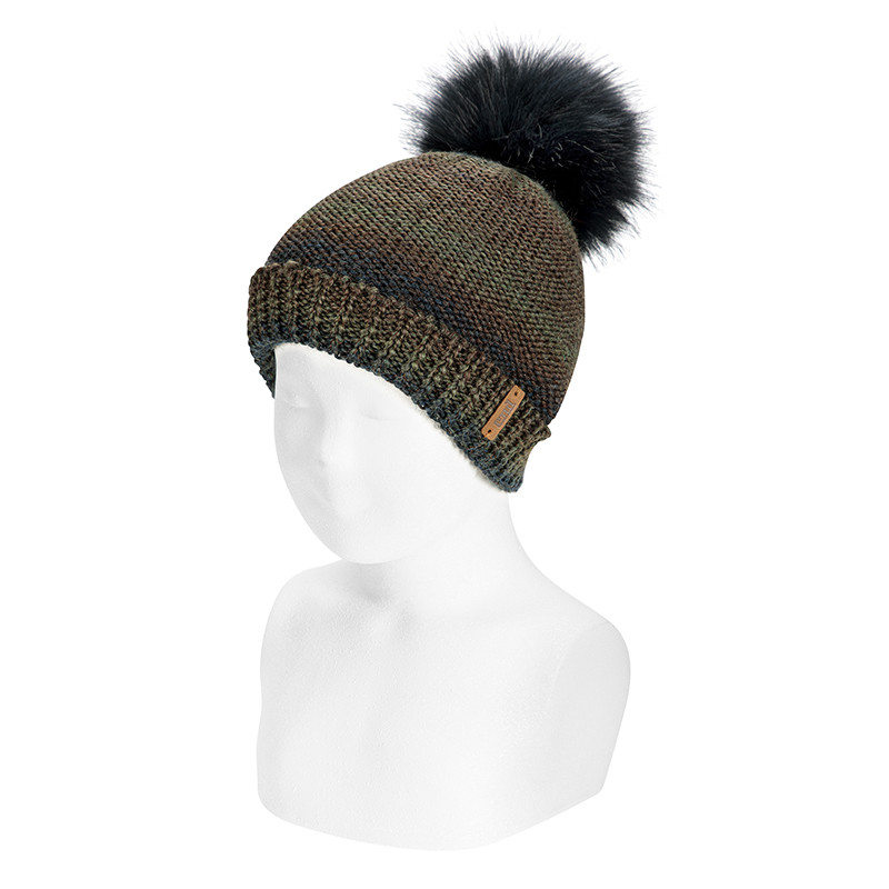 Space dyed yarn knit hat with faux fur big pompom MULTI KAKI
