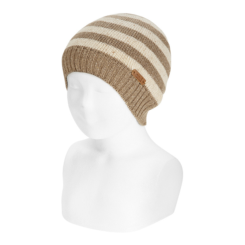 Tweed knit hat with stripes BROWN TWEED