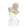 Garter stitch beret with faux fur giant pompom LINEN