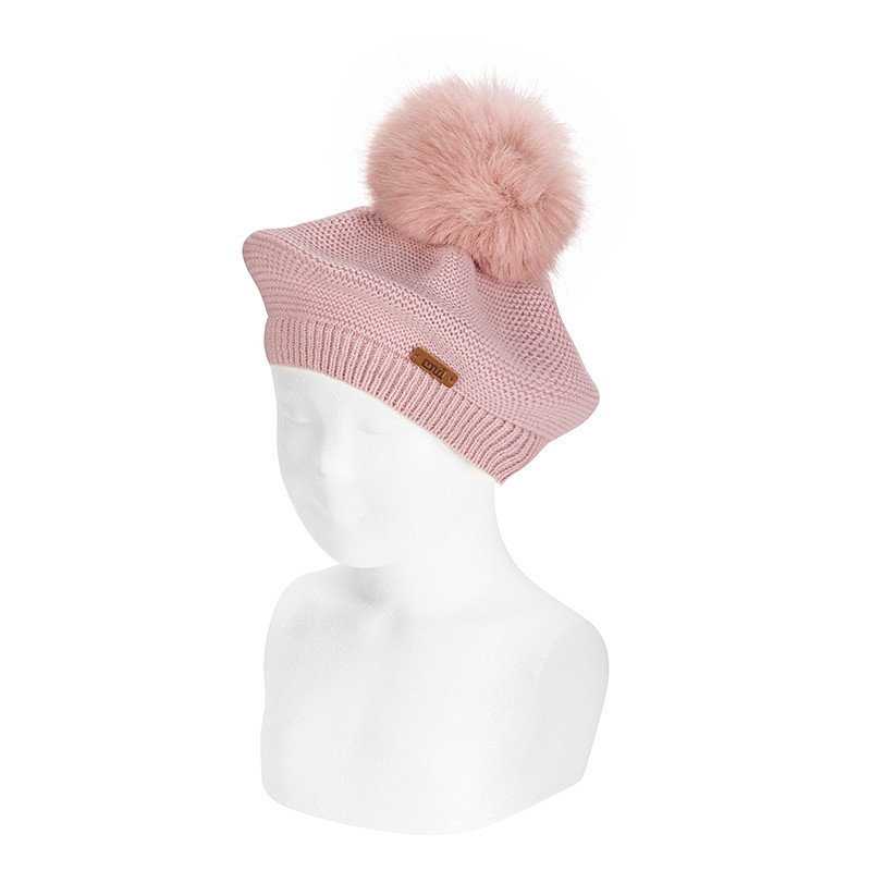 Béret point mousse avec pompom synthétique PALE ROSE