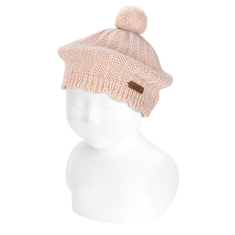 Link stitch merino wool-blend beret with pompom NUDE