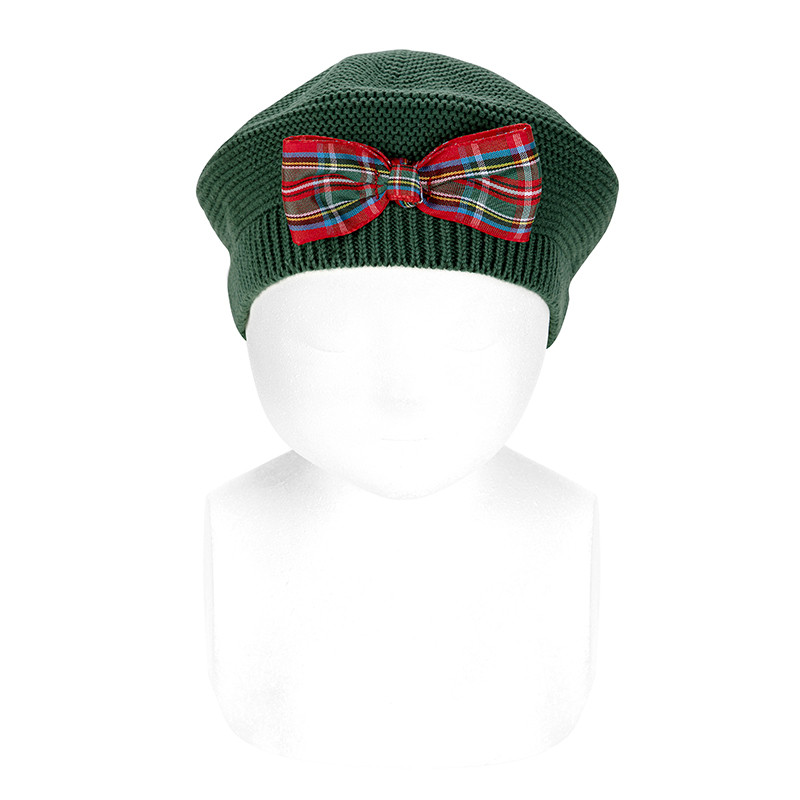 Garter stitch beret with scottish checkbow BOTTLE GREEN