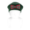 Garter stitch beret with scottish checkbow BOTTLE GREEN