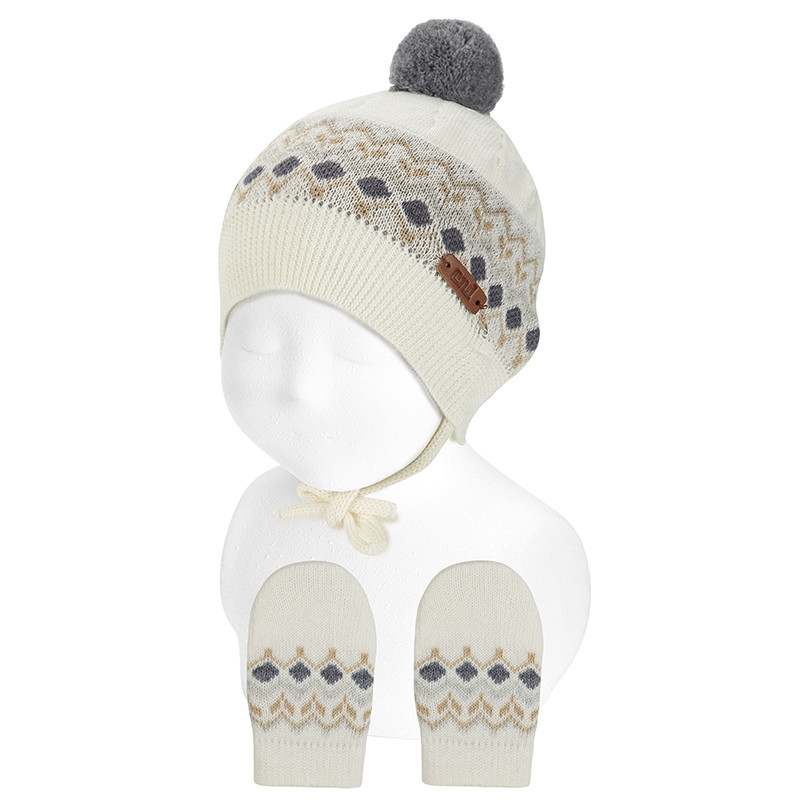 Merino wool set (border knit hat + mittens) BEIGE