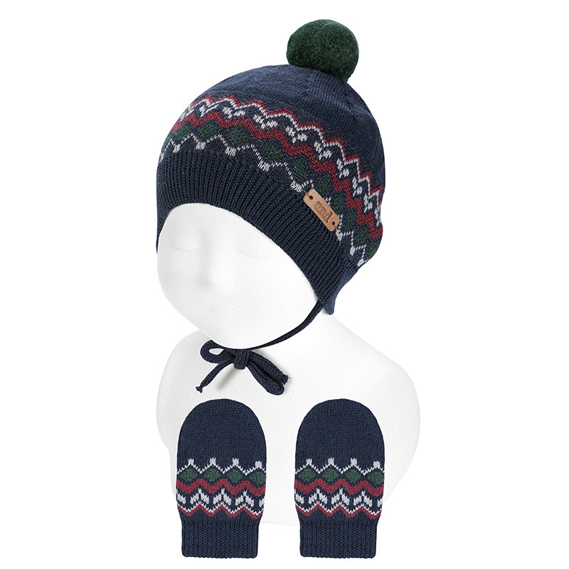 Merino wool set (border knit hat + mittens) NAVY BLUE