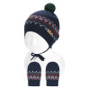 Merino wool set (border knit hat + mittens) NAVY BLUE