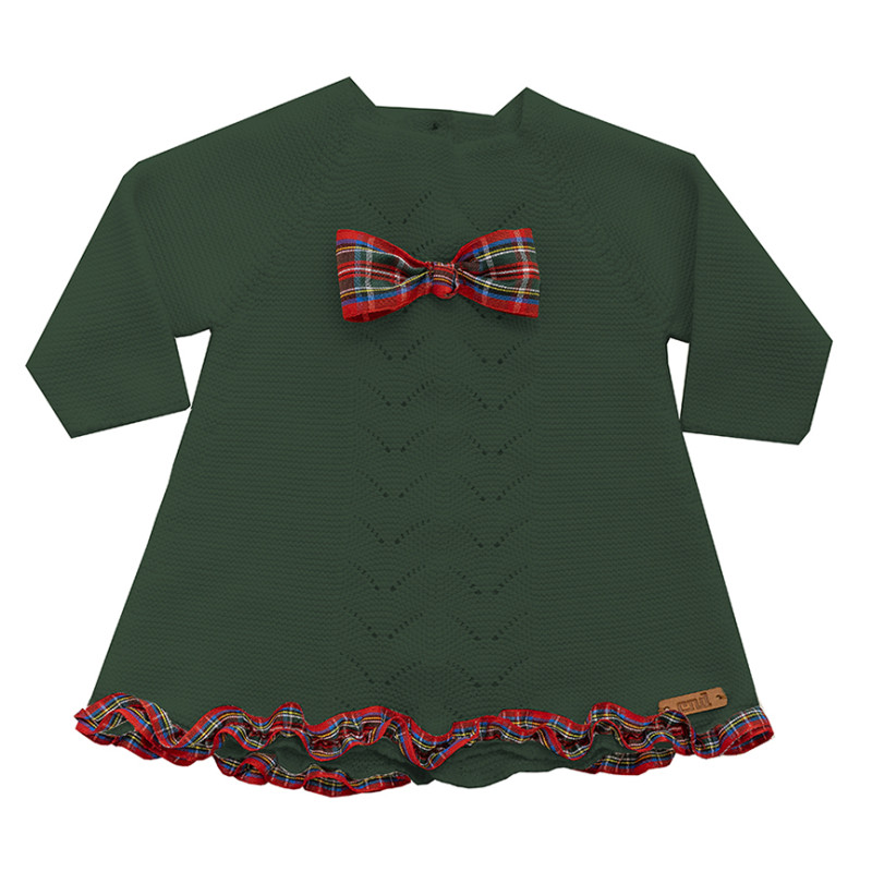 Vestido punto bobo calado con lazo cuadro escoces VERDE BOTELLA
