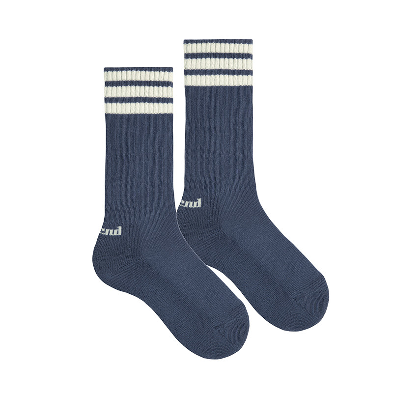 Calcetines sport puño americano, 3 listas y rizo AZUL/NATA