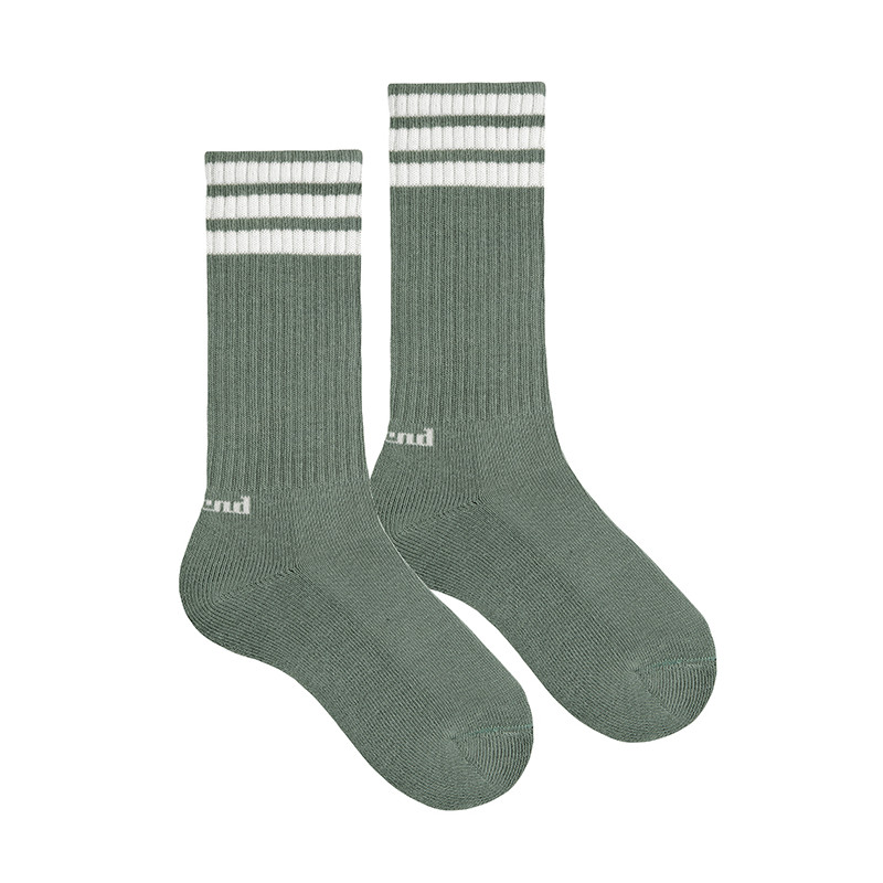 Calcetines sport puño americano, 3 listas y rizo VERDE LIQUEN