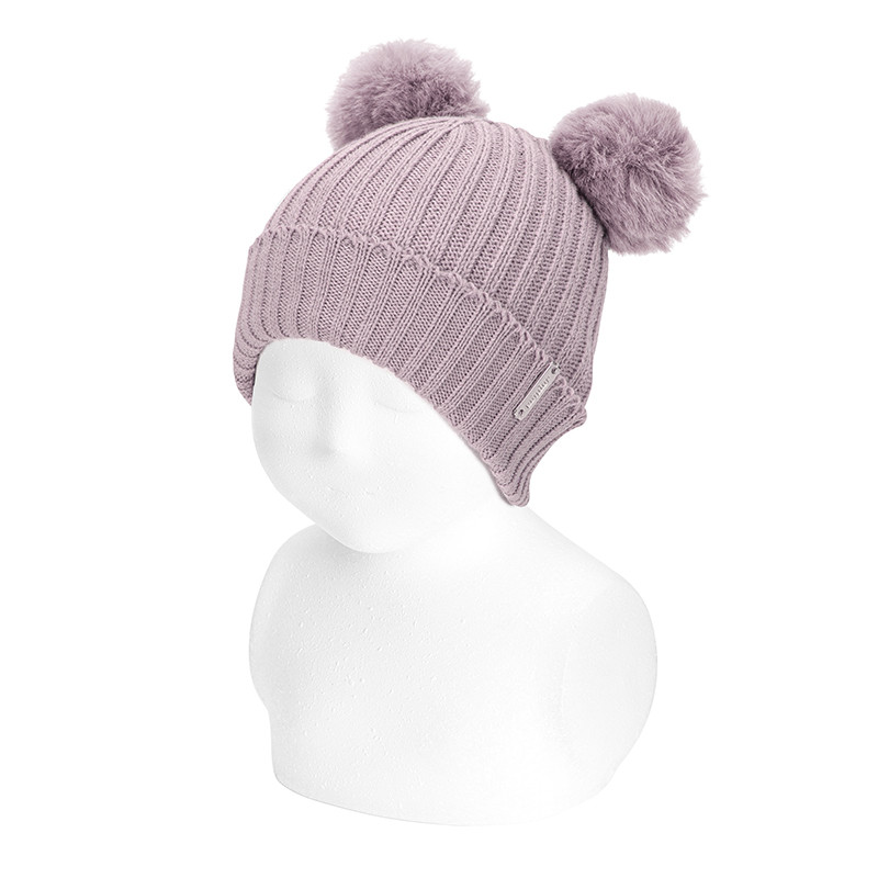 Baby rib knithat with two faux fur pompoms PEARL