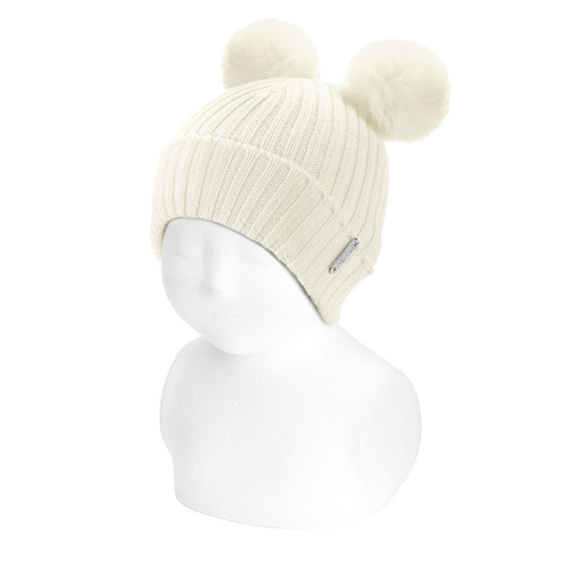Bonnet côtelée bébé avec 2 pompons synthétiques CREME