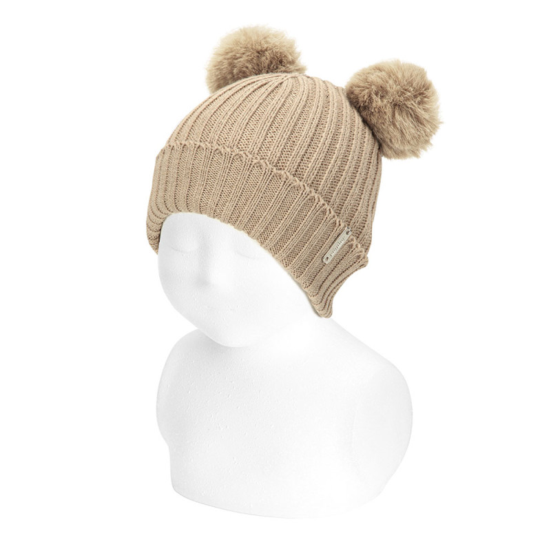 Baby rib knithat with two faux fur pompoms NOUGAT