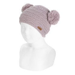 Bulky knit hat with pompoms...