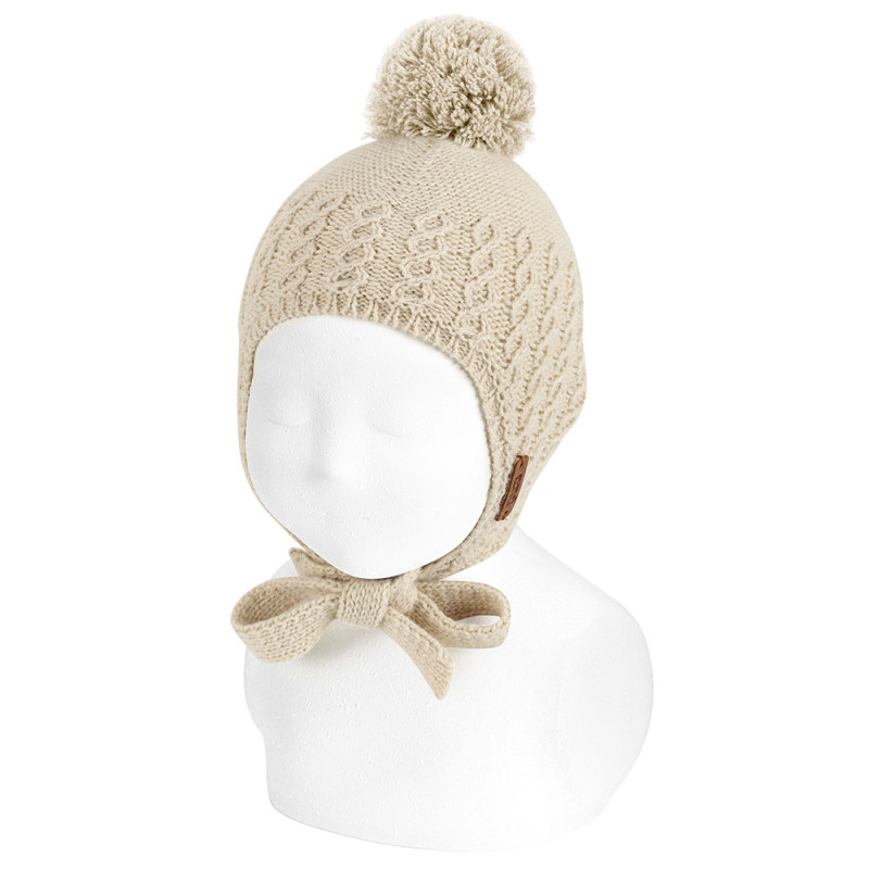 Baby relief knit hat with earflaps and pompom LINEN