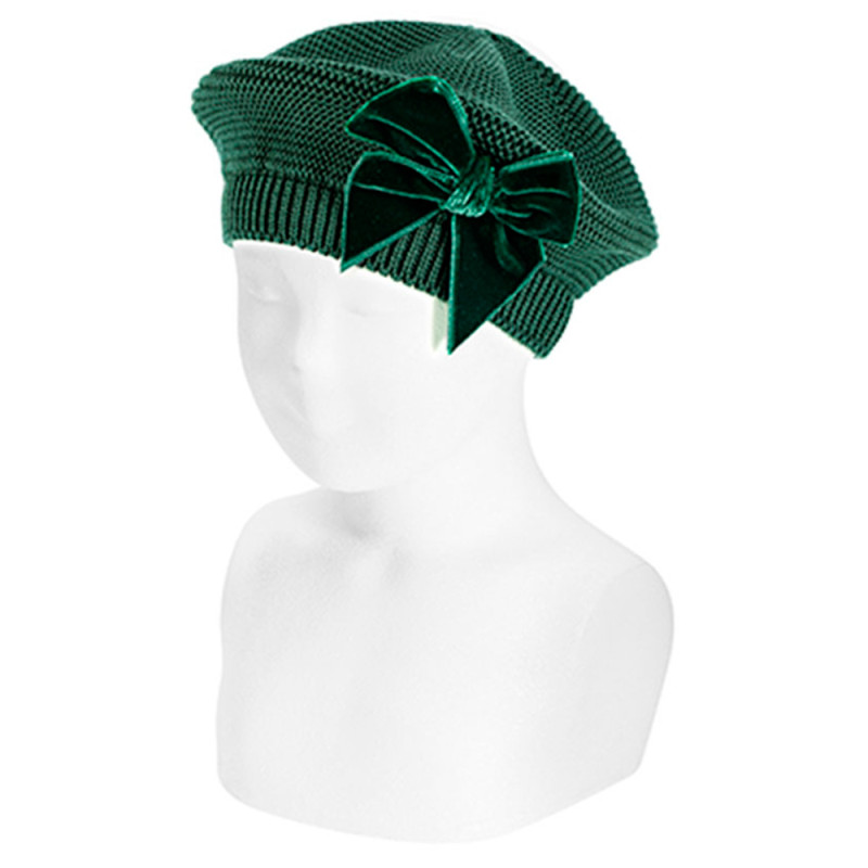 Bonnet point mousse et noeud en velours VERT BOUTEILLE