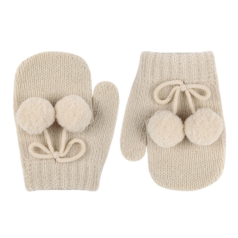 One-finger baby mittens with pompoms LINEN