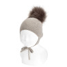 Merino blend baby knit hat w/earflaps &pompom NOUGAT