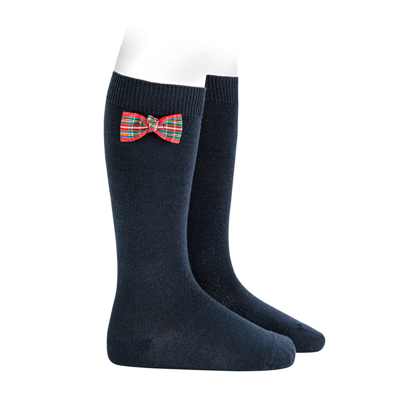 Chaussettes hautes avec noeud à carreaux écossais BLEU MARINE