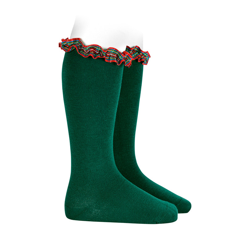 Knee socks with gathered scottish checkribbon BOTTLE GREEN