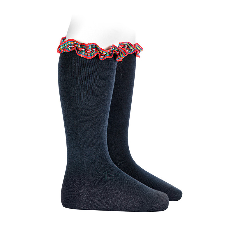 Calze lunghe con nastro scozzese arricciato BLU