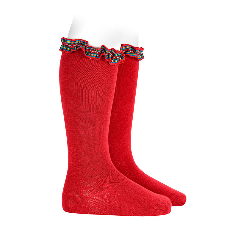 Calze lunghe con nastro scozzese arricciato RED VELVET