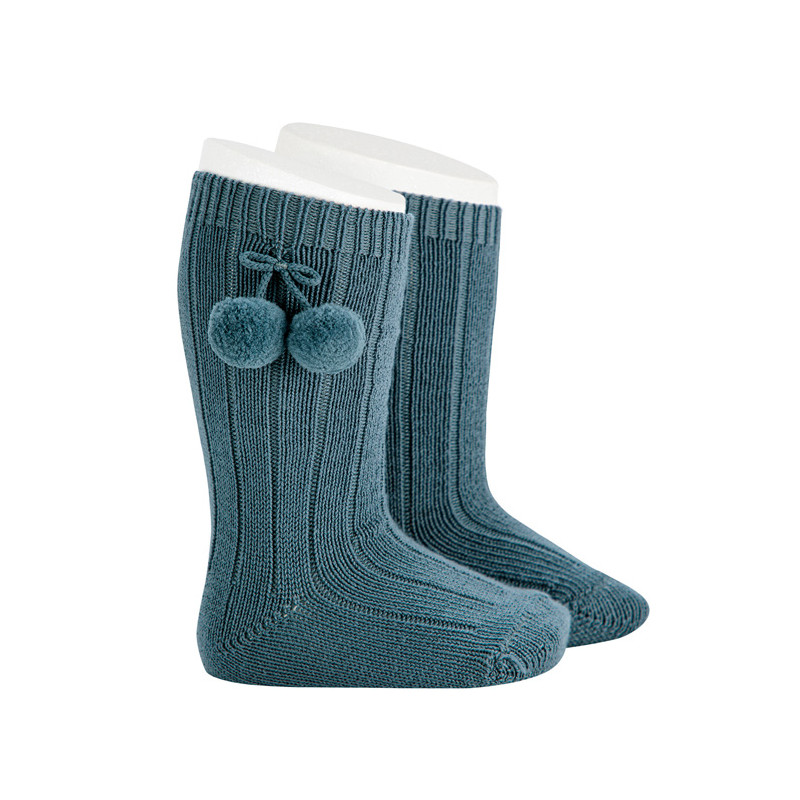 Warm cotton rib knee-high socks with pompoms ZINC