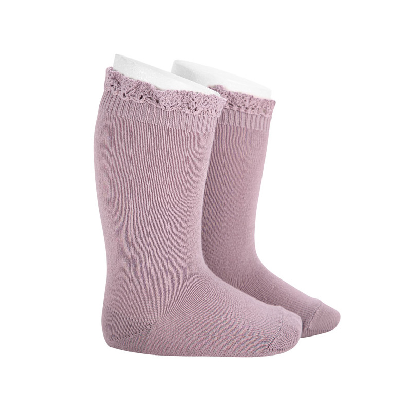 Knee socks with lace edging cuff PEARL