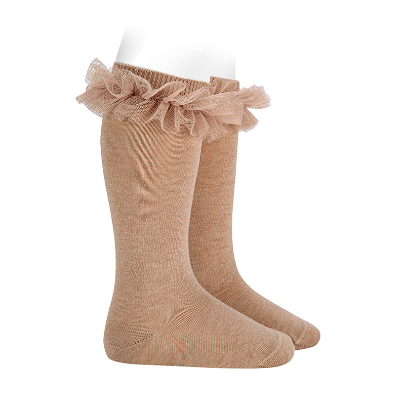 Calze lunghe a maglia rasata con tulle arricciato TORRONE