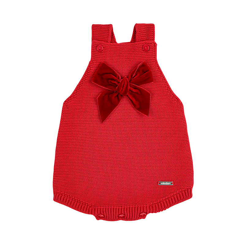 Garter stitch baby rompers with velvet bow RED VELVET