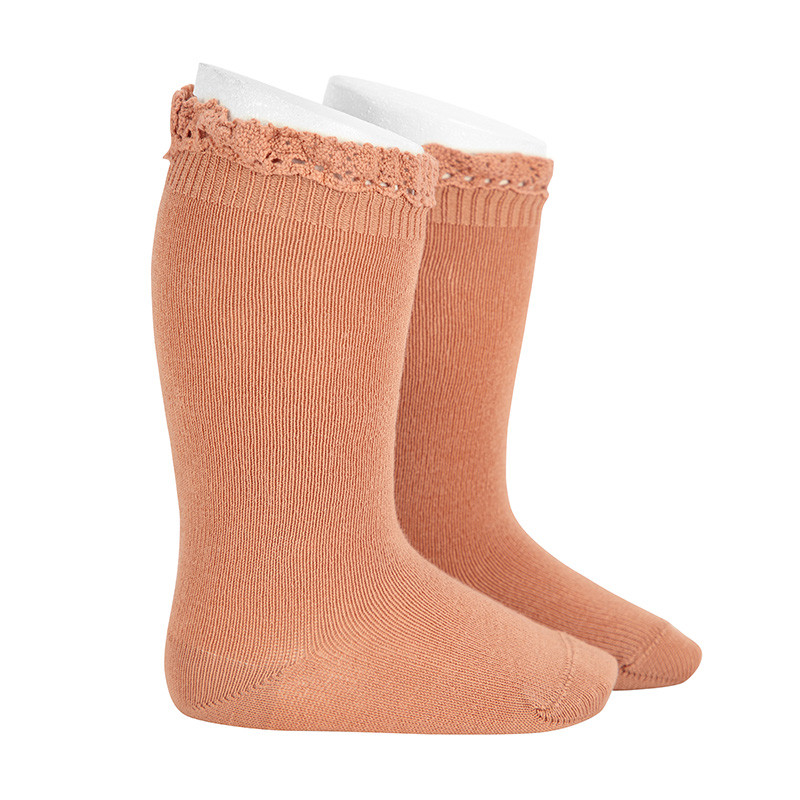 Calze lunghe a maglia rasata con merletto all orlo NOUGAT