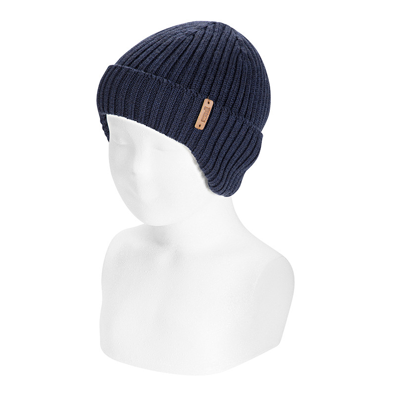 Gorro canalé 100% lana merino con orejeras MARINO