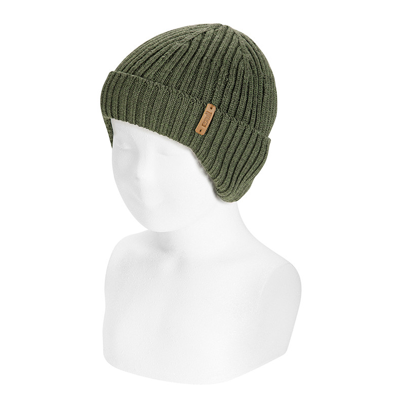 100% merino wool rib knit hat with earflaps KAKI