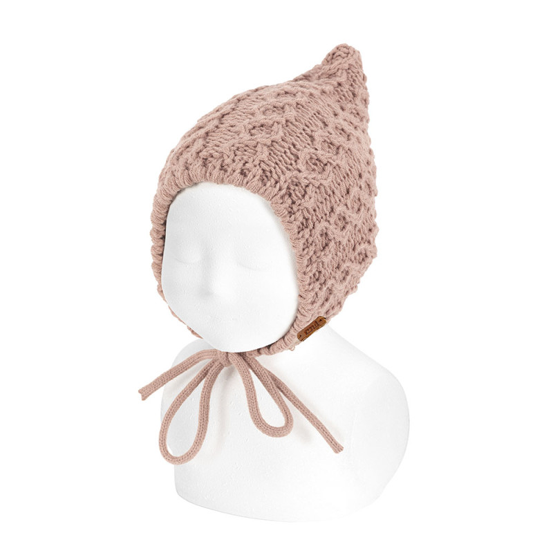 Aran stitch bulky baby bonnet OLD ROSE