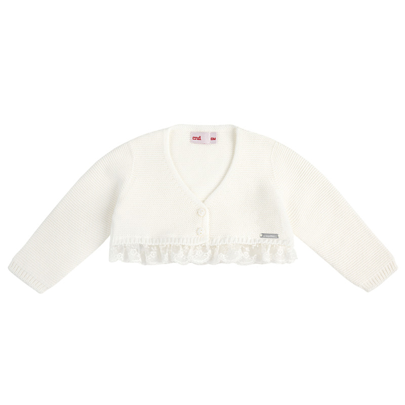 Garter stitch short cardigan with bobbinlace CREAM