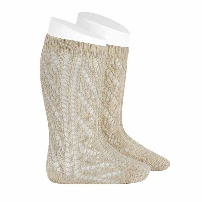 Openwork extrafine perle knee socks LINEN