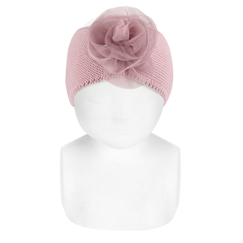 Banda de cabell punt girat amb flor de tul ROSA MAQUILLATGE