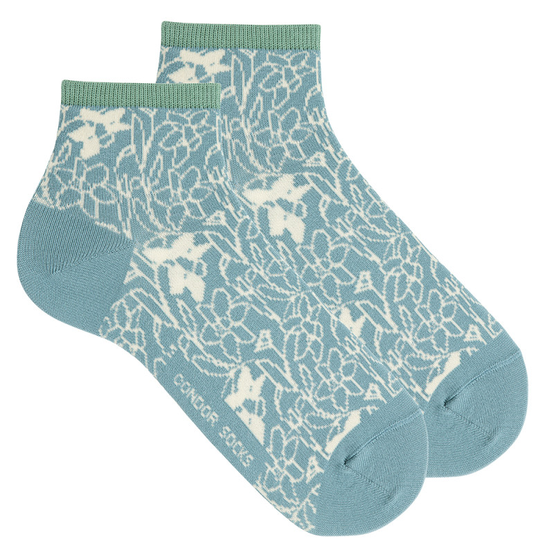 Socquettes femme fantaisie jardin botanique BLEU PIERRE