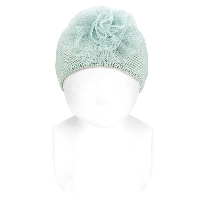 Garter stitch headband with tulle flower SEA MIST