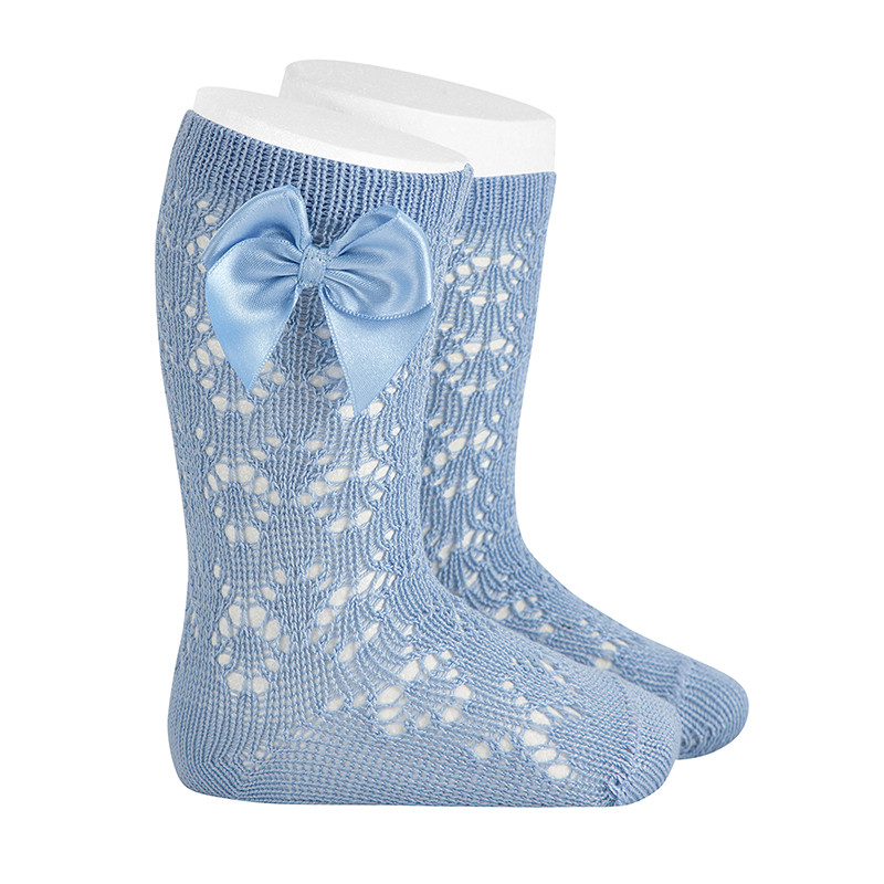 Perle geometric openwork knee-high sockswith bow BLUISH