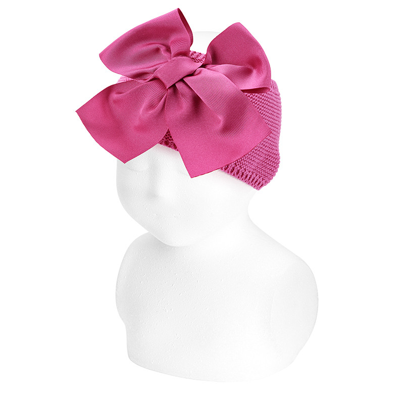 Garter stitch headband with large grosgrain bow FUCHSIA