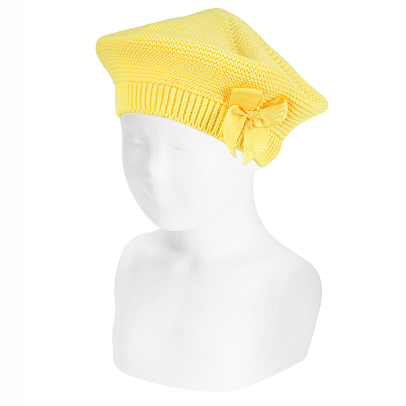 Garter stitch beret with grosgrain bow LIMONCELLO
