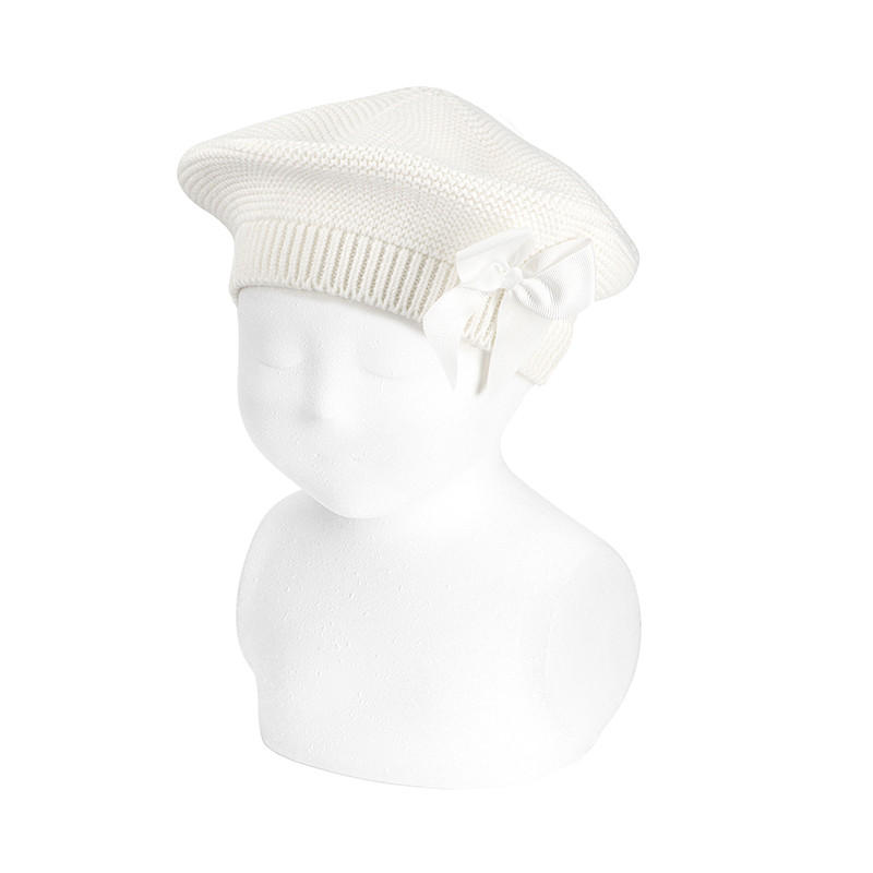 Béret point mousse avec noeud gros grain CREME