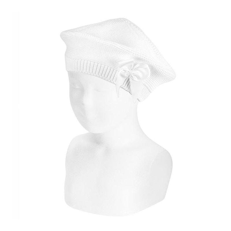 Garter stitch beret with grossgrain bow WHITE