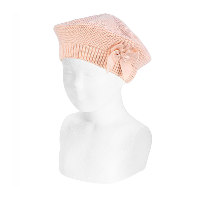 Béret point mousse avec noeud gros grain NUDE
