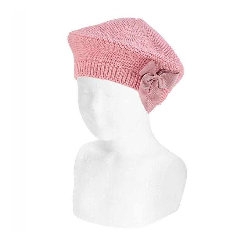 Garter stitch beret with grosgrain bow PALE PINK